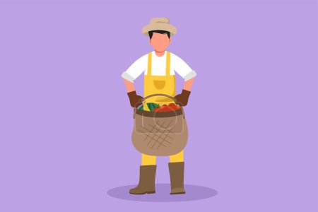 Illustration for Character flat drawing male farmer carrying basket full of bananas, apples, watermelons. Picking fresh fruit from harvest. Success farmer with organic natural crop. Cartoon design vector illustration - Royalty Free Image