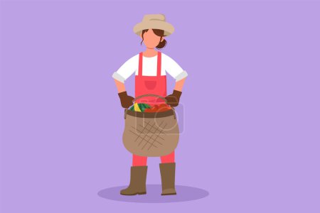 Illustration for Graphic flat design drawing female farmer carrying basket full of bananas, apples, watermelons. Picking fresh fruit from harvest. Success farmer with organic natural crop. Cartoon vector illustration - Royalty Free Image