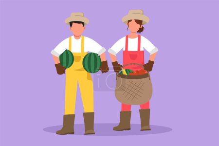 Illustration for Cartoon flat drawing couple farmers carrying basket full of bananas, apples, watermelons. Picking fresh fruit from harvest. Success farmer with organic natural crop. Graphic design vector illustration - Royalty Free Image