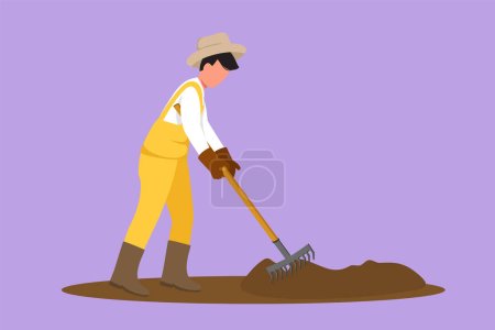 Illustration for Character flat drawing of male farmer plow or leveling the ground using rake. Starting new planting season at countryside. Success farmer with organic natural crop. Cartoon design vector illustration - Royalty Free Image