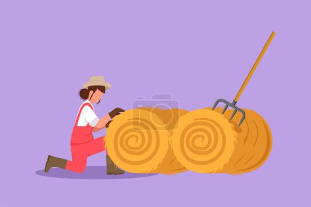 Illustration for Character flat drawing of young female farmer was stabbing a haystack and rolling it up with a straw stick. Livestock worker activities. Successful farming concept. Cartoon design vector illustration - Royalty Free Image