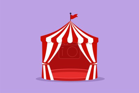 Illustration for Graphic flat design drawing circus tent shaped like pentagon with stripes and flag on top. Where clowns, magicians, animals perform. Success business entertainment. Cartoon style vector illustration - Royalty Free Image