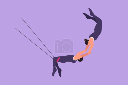 Zeichentrickfilm im flachen Stil, der zwei Akrobaten in Aktion am Trapez zeigt, wobei der männliche Spieler an seinen beiden Beinen hängt, während er die weibliche Spielerin fängt. Zirkusunterhaltung. Grafische Designvektorillustration