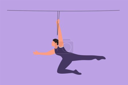 Illustration for Cartoon flat style drawing of female acrobat swings on the trapeze with one hand hanging. It takes courage and continuous practice. Circus show event entertainment. Graphic design vector illustration - Royalty Free Image