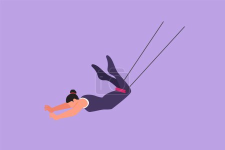 Illustration for Graphic flat design drawing female acrobat performs on trapeze with legs hanging and head down while swinging hands. Brave and agile. Circus show event entertainment. Cartoon style vector illustration - Royalty Free Image