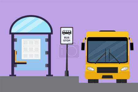 Personnages arrêt de bus plat avec abri, simple panneau d'autobus, affiche d'information, banc et bus jaune attendant les passagers pour monter et descendre, continuer le voyage. Illustration vectorielle de dessin animé