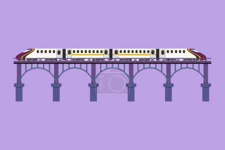 Illustration for Cartoon flat style draw bullet train speeding on bridge carrying passengers who are on summer vacation. Affordable public transportation. Intercity vehicles concept. Graphic design vector illustration - Royalty Free Image