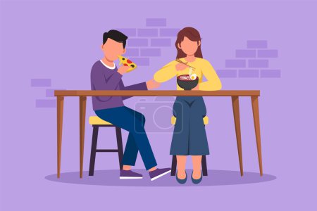 Illustration for Cartoon flat style drawing people eating at table, sitting, talking in fast food bistro at leisure time. Man and woman friends having meal, pizza, noodles together. Graphic design vector illustration - Royalty Free Image