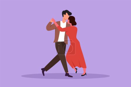 Illustration for Cartoon flat style drawing young man and woman performing dance at school, studio, party. Male and female characters dancing tango at Milonga. Happy couple dancing. Graphic design vector illustration - Royalty Free Image