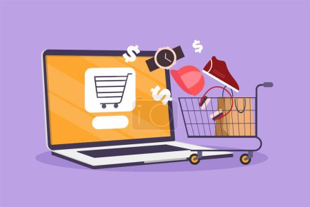 Graphic flat design drawing laptop computer and shopping cart with product purchased online. E-commerce and digital marketing. Order to cart. Online store technology. Cartoon style vector illustration