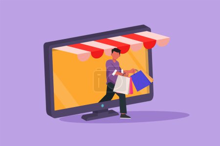 Cartoon-Flachbild-Zeichnung eines aktiven jungen Mannes, der mit einer Einkaufstasche aus dem Bildschirm kommt. Verkauf, digitaler Lebensstil, Konsumkonzept. Online-Shop-Technologie. Grafische Designvektorillustration
