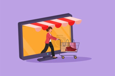 Character flat drawing beautiful woman coming out of monitor screen pushing shopping cart. Sale, digital lifestyle, consumerism concept. Online store app technology. Cartoon design vector illustration