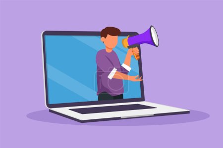 Character flat drawing young man coming out of laptop computer screen holding megaphone. Offering product with discount or sale. Digital marketing and online store. Cartoon design vector illustration