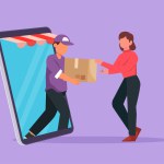 Character flat drawing active male courier comes out of giant smartphone screen with canopy and gives package box to young female customer. Online delivery metaphor. Cartoon design vector illustration