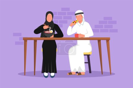 Illustration for Cartoon flat style drawing Arabian couple sitting and eating at table, talking in fast food bistro, leisure time. Man and woman having meal, pizza, noodles together. Graphic design vector illustration - Royalty Free Image