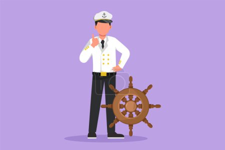 Illustration for Cartoon flat style drawing of sailor man standing with thumbs up gesture to be part of cruise ship, carrying passengers traveling across seas. Male sailor on duty. Graphic design vector illustration - Royalty Free Image