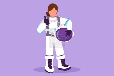 Illustration for Graphic flat design drawing female astronaut stands with thumbs up gesture wearing spacesuit exploring earth, moon, other planets in universe. Start space expedition. Cartoon style vector illustration - Royalty Free Image