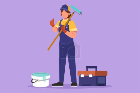 Illustration for Graphic flat design drawing handywoman standing holding long roll paintbrush with thumbs up gesture and toolbox. Ready to home service, housing renovation decoration. Cartoon style vector illustration - Royalty Free Image