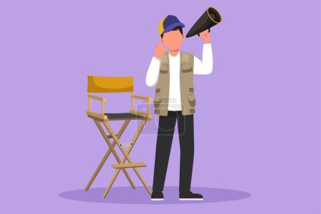 Graphic flat design drawing film director stands and holding megaphone with celebrate gesture while prepare camera crew for shooting action film. Creative industry. Cartoon style vector illustration