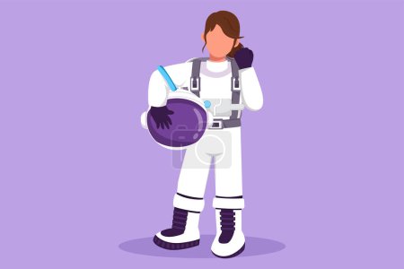 Illustration for Graphic flat design drawing female astronaut standing with celebrate gesture wear spacesuit exploring earth, moon, other planet in universe. Start space expedition. Cartoon style vector illustration - Royalty Free Image