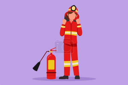 Illustration for Graphic flat design drawing female firefighter stands with fire extinguisher wear helmet, uniform with celebrate gesture. Working to extinguish fire in burn building. Cartoon style vector illustration - Royalty Free Image