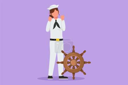 Illustration for Character flat drawing of sailor woman standing with celebrate gesture to be part of cruise ship, carrying passengers traveling across seas. Sailor on duty in ocean. Cartoon design vector illustration - Royalty Free Image