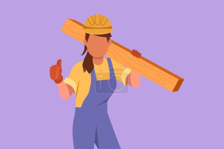 Illustration for Character flat drawing female carpenter carrying wooden board with thumbs up gesture and working in workshop making wooden products. Skills in using carpentry tool. Cartoon design vector illustration - Royalty Free Image