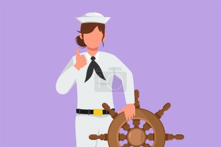 Illustration for Character flat drawing bravery sailor woman with thumbs up gesture ready to sail across seas in ship that is headed by captain. Female sailor traveling across ocean. Cartoon design vector illustration - Royalty Free Image