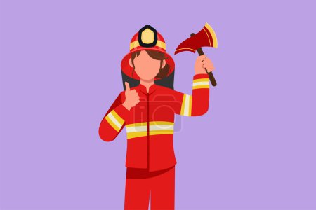 Illustration for Cartoon flat style drawing female firefighter in complete uniform holding glass breaking axe with thumbs up gesture prepare to put out fire that burned the building. Graphic design vector illustration - Royalty Free Image