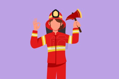 Illustration for Graphic flat design drawing cute female firefighter in complete uniform holding glass breaking axe with okay gesture prepare to put out fire that burned the building. Cartoon style vector illustration - Royalty Free Image