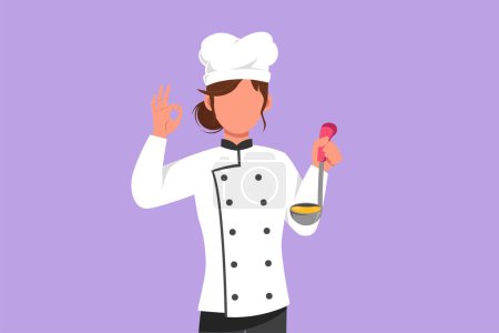 Character flat drawing beautiful female chef holding ladle with okay gesture and tasting delicious soup. Wearing uniform ready to cook food for guests in restaurant. Cartoon design vector illustration