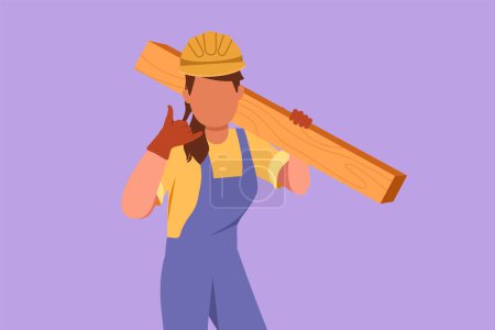Illustration for Graphic flat design drawing female carpenter carrying wooden board with call me gesture and working in workshop making wooden product. Skills in using carpentry tool. Cartoon style vector illustration - Royalty Free Image