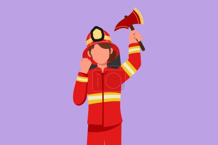 Illustration for Graphic flat design drawing female firefighter in complete uniform holding glass breaking axe with celebrate gesture prepare to put out fire that burned the building. Cartoon style vector illustration - Royalty Free Image