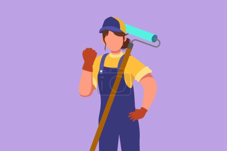 Illustration for Character flat drawing active handywoman holding long paintbrush roll with celebrate gesture is ready to work on painting wall and repairing damaged part of house. Cartoon design vector illustration - Royalty Free Image
