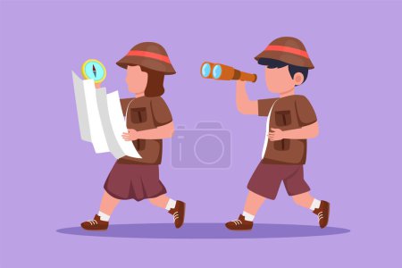 Cartoon flat style drawing little boys and girls scout walking with binoculars and map. Children scout adventure camping concept. Hiking recreational tourism group. Graphic design vector illustration