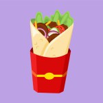 Character flat drawing fresh hot spicy online shawarma shop logo. Delicious Arabic roll with meat, salad, tomato. Kebab with chicken and onion. For restaurant menu. Cartoon design vector illustration