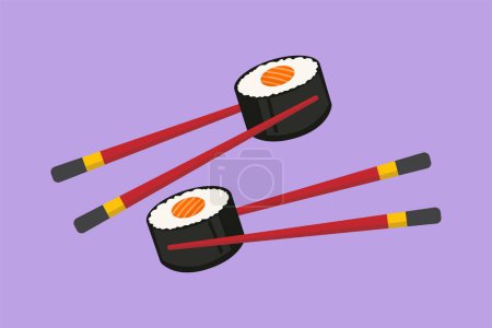 Illustration for Graphic flat design drawing fresh delicious Japanese sushi maki bar with chopstick restaurant logo emblem symbol. Japan seafood cafe shop logotype template concept. Cartoon style vector illustration - Royalty Free Image