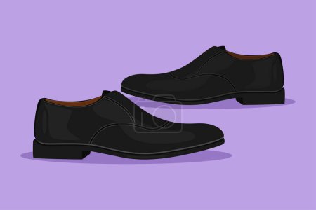 Illustration for Character flat drawing shoes realistic with stylish black men oxford boots for cobbler shoe shop for ads, promo and banner of accessories kit for shoeshine service. Cartoon design vector illustration - Royalty Free Image