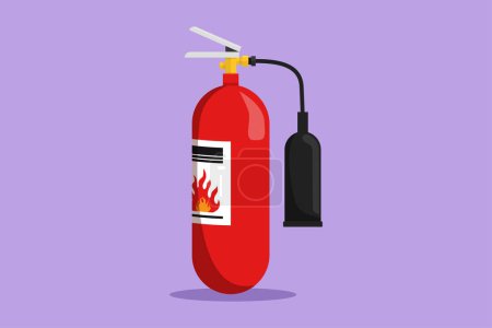 Graphic flat design drawing red fire extinguisher protection with nozzle. Portable fire extinguishing equipment from fire department. Professional tool or instrument. Cartoon style vector illustration