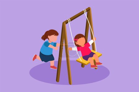 Illustration for Character flat drawing cute little girl swinging on swing and her friend helped push from behind at school. Kids playing swing together in kindergarten playground. Cartoon design vector illustration - Royalty Free Image