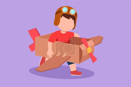 Illustration for Graphic flat design drawing creative little boy playing as pilot with cardboard airplane. Happy kids riding handmade airplane. Plane game for children at playground. Cartoon style vector illustration - Royalty Free Image
