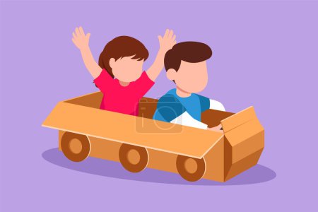 Illustration for Cartoon flat style drawing little boy and girl driving with cardboard car. Happy child ride on toy car made of cardboard. Creative kids plays with her cardboard car. Graphic design vector illustration - Royalty Free Image