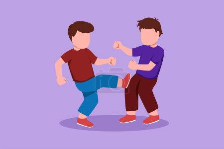 Illustration for Character flat drawing angry preschool little boys fighting each other kicking legs. Aggressive bully kids fight. Bullying children. Childhood aggression violence. Cartoon design vector illustration - Royalty Free Image