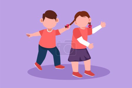 Illustration for Cartoon flat style drawing of bullying children. Angry little boy pulling girl's hair. She look of shock and pain. Problem of physical bullying at school playground. Graphic design vector illustration - Royalty Free Image