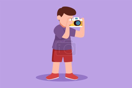 Illustration for Cartoon flat style drawing of little kids photographer with photo camera. People profession. Colorful design for kids activity book, coloring page, coloring picture. Graphic design vector illustration - Royalty Free Image