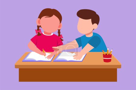 Ilustración de Dibujo gráfico de diseño plano de los niños que estudian juntos, mientras que el niño le explica a la niña señalando su cuaderno. Los niños hacen la tarea desde la escuela. Estudiante inteligente. Dibujos animados estilo vector ilustración - Imagen libre de derechos