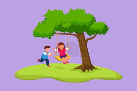 Illustration for Graphic flat design drawing happy little boys and girls playing on tree swing. Cheerful kids on swinging under tree at school. Children playing at outdoor playground. Cartoon style vector illustration - Royalty Free Image