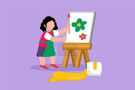 Illustration for Character flat drawing pretty little girl draw on canvas. Happy child painting on easel. Smiling pretty kids with brush and paints. Creative children learn painting. Cartoon design vector illustration - Royalty Free Image