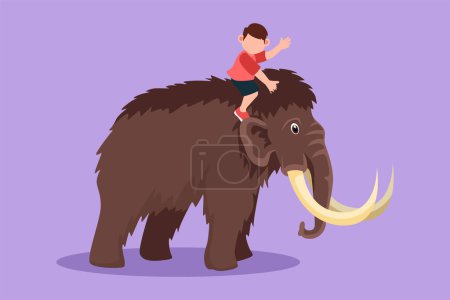 Illustration for Character flat drawing of bravery little boy caveman riding woolly mammoth. Adorable kids sitting on back of mammoth. Stone age children playing. Ancient human life. Cartoon design vector illustration - Royalty Free Image
