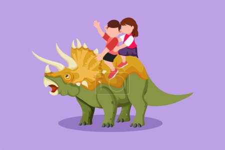 Illustration for Graphic flat design drawing adorable little boy and girl caveman riding triceratops together. Kid sitting on back of dinosaur. Stone age children. Ancient human life. Cartoon style vector illustration - Royalty Free Image